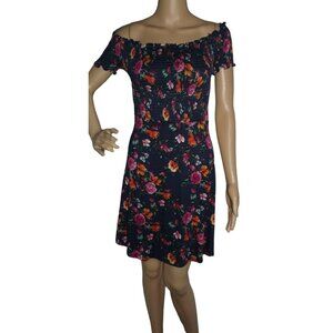 Heart & Hips Dress Size Small Milkmaid Navy Blue Pink Floral Off Shoulder Dress
